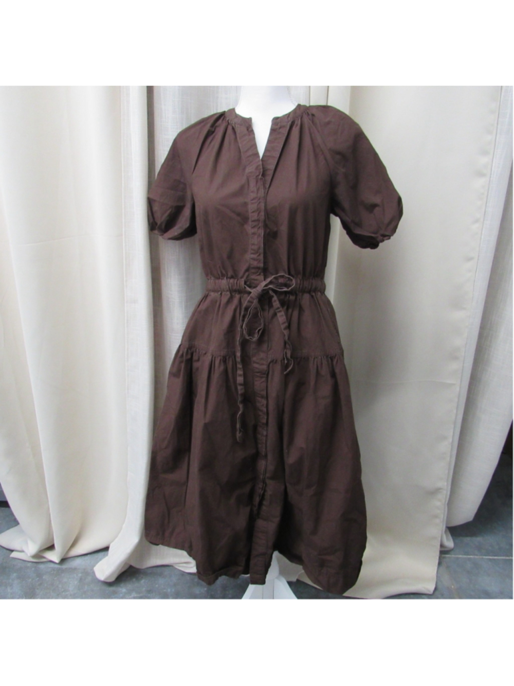 Free Assembly Brown Cotton Puff Sleeve Midi Dress XS Pockets Drawstring Cottage